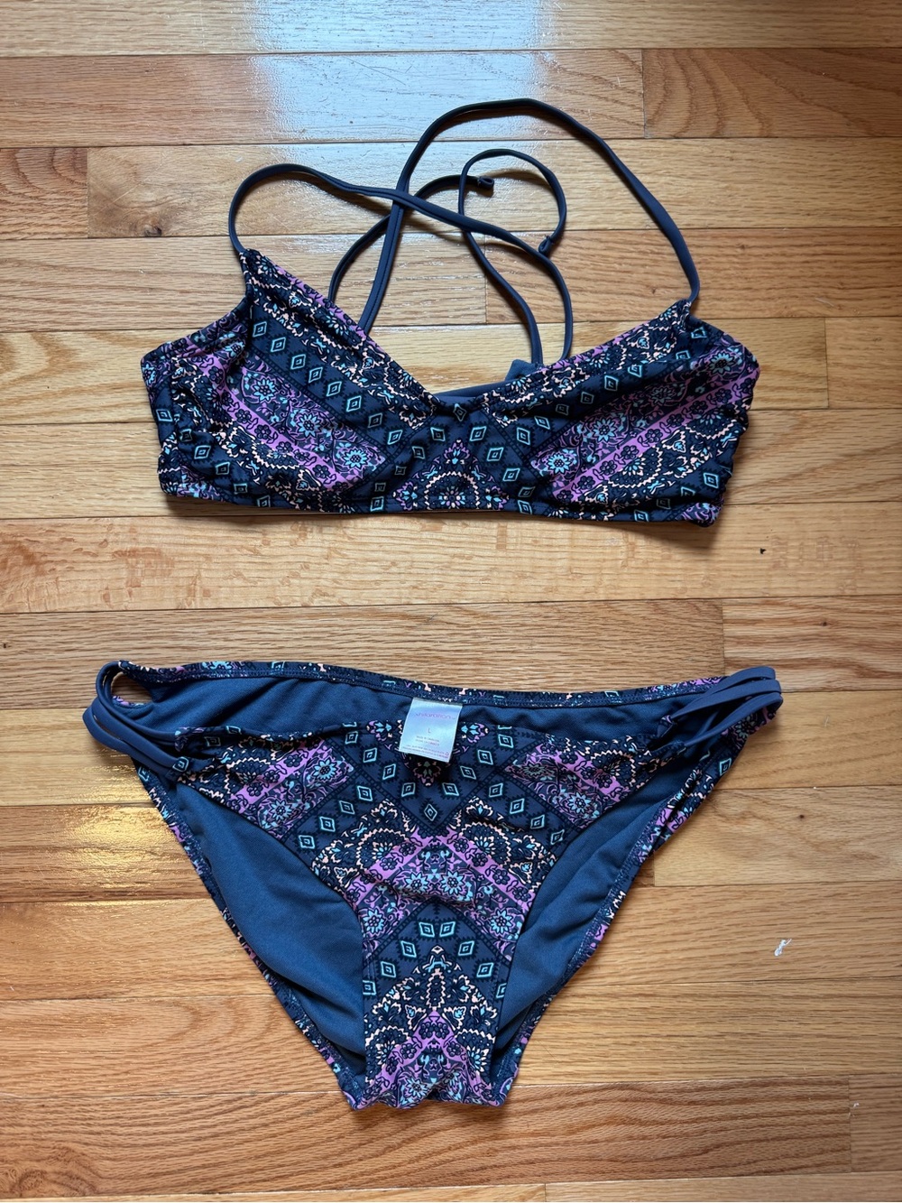 Xhilaration Navy Bikini Set with Purple Pattern